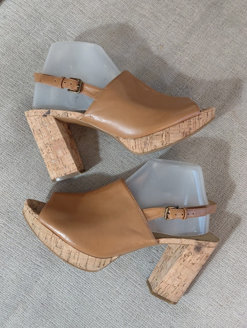Naturalizer Tan Cork Platform Peep-Toe Block Heel Sandals Size 9.6